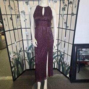 R&M Richards Plum Metallic Halter Prom Dress